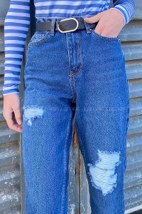Dark Blue Cotton Denim High Waist Denim Pants