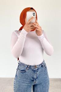 Lamelif Yarım Balıkçı Yaka Düz Renk Body Beyaz