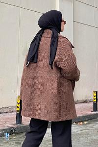 Modalamelif Zikzak Desen Balık Sırtı Kaban Acı Kahve