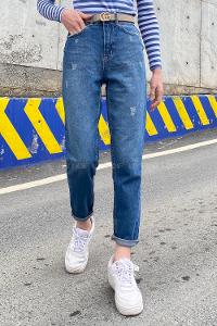 Blue Cotton Denim High Waist Denim Pants