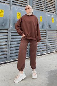 Lamelif Kapüşonlu Salaş Sweatshirt Acı Kahve