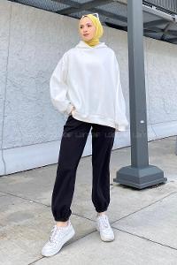 Lamelif Kapüşonlu Salaş Sweatshirt Beyaz