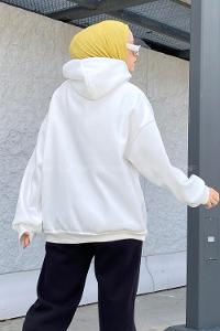 Lamelif Kapüşonlu Salaş Sweatshirt Beyaz