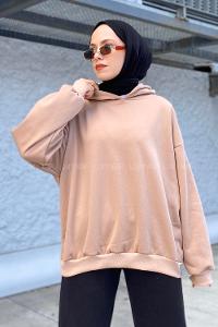 Lamelif Kapüşonlu Salaş Sweatshirt Sütlü Kahve