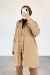 Modalamelif  Körük Cepli Oversize Gömlek Sütlü Kahve