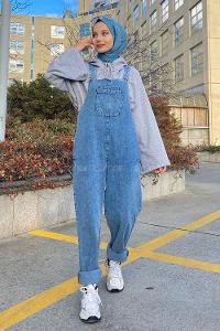 Modalamelif Bahçıvan Askılı Kot Slopet Tulum Açık Mavi