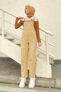 Modalamelif Ön ve Arka Cepli Keten Salopet Camel