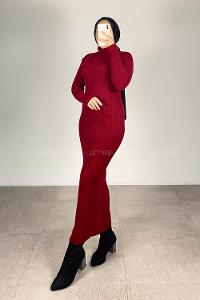 Fitilli Boğazlı Triko Elbise Bordo