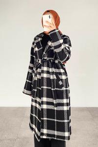 Modalamelif Kare Desenli Kuşaklı Çift Cepli Kaşe Kaban Siyah