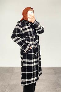 Modalamelif Kare Desenli Kuşaklı Çift Cepli Kaşe Kaban Siyah