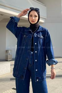 Dark Blue Shirt Collar Long Arm Cotton Fabric Denim Jacket