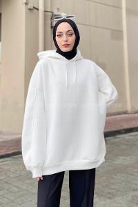 Lamelif Kapşonlu Oversize Yan Cepli Sweat Beyaz