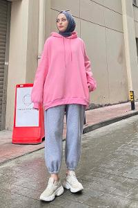 Lamelif Kapşonlu Oversize Yan Cepli Sweat Pudra