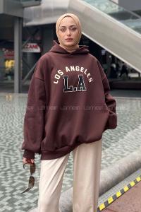 Lamelif Los Angeles Baskılı Oversize Sweatshirt Acı Kahve