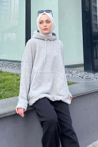 Modalamelif Etek Ucu Bağcıklı Kanguru Cep Sweatshirt Gri