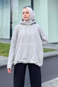 Modalamelif Etek Ucu Bağcıklı Kanguru Cep Sweatshirt Gri