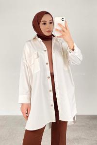 Modalamelif Çift Cepli Gabardin Gömlek Ekru