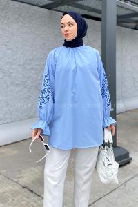 Blue Mandarin Collar Cotton Printed Tunic