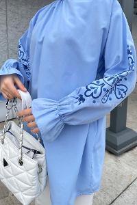 Blue Mandarin Collar Cotton Printed Tunic