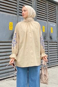 Lamelif Kol Baskılı Tunik Bej