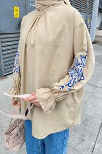 Lamelif Kol Baskılı Tunik Bej