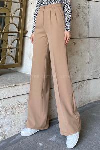 Lamelif Çift Pensli Bol Paça Pantolon Açık Sütlü Kahve