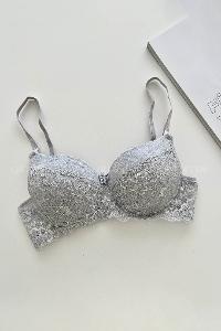 Lamelif Ebru Destekli Slikonlu Kulaklı Yarı Dantel Sütyen Gri Renk