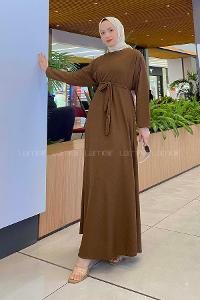 Lamelif Kendinden Desenli Mevlana Model Elbise Acı Kahve