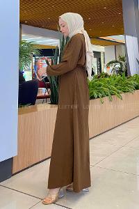 Lamelif Kendinden Desenli Mevlana Model Elbise Acı Kahve