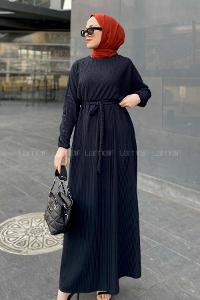 Lamelif Kendinden Desenli Mevlana Model Elbise Siyah