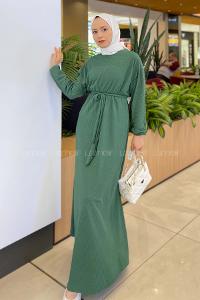 Lamelif Kendinden Desenli Mevlana Model Elbise Yeşil