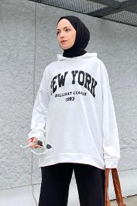 Lamelif Newyork Baskı Detaylı Kapüşonlu Sweatshirt Beyaz