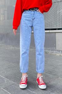 Ice Blue Cotton Cotton High Waist Denim Pants