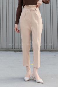 Beige Cotton Fabric High Waist Comfortable Pants