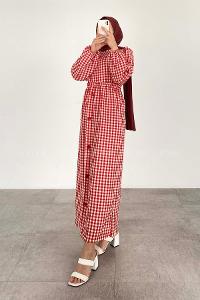 Modalamelif Ekose Desen Elbise Kırmızı