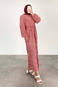 Modalamelif Ekose Desen Elbise Kırmızı