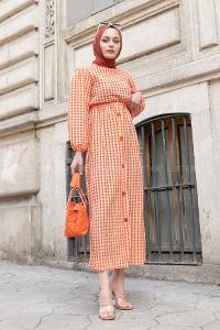 Modalamelif Ekose Desen Elbise Turuncu