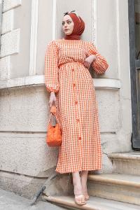 Modalamelif Ekose Desen Elbise Turuncu