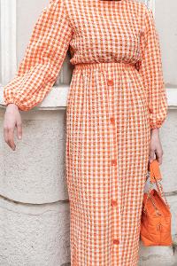 Modalamelif Ekose Desen Elbise Turuncu
