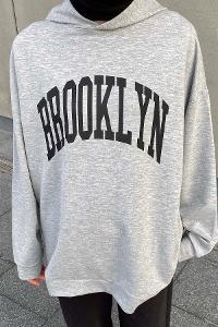 Lamelif Brooklyn Baskı Detaylı Kapüşonlu Sweatshirt Gri