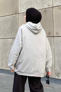 Lamelif Brooklyn Baskı Detaylı Kapüşonlu Sweatshirt Gri