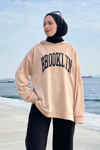 Lamelif Brooklyn Baskı Detaylı Kapüşonlu Sweatshirt Sütlükahve