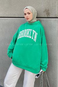 Lamelif Brooklyn Baskı Detaylı Kapüşonlu Sweatshirt Yeşil