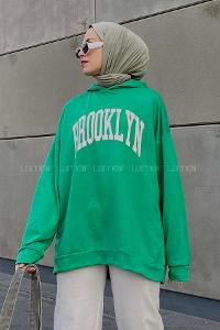 Lamelif Brooklyn Baskı Detaylı Kapüşonlu Sweatshirt Yeşil
