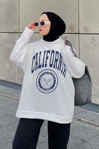Lamelif California Baskı Detaylı Kapüşonlu Sweatshirt Beyaz