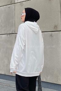 Lamelif California Baskı Detaylı Kapüşonlu Sweatshirt Beyaz