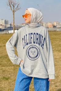Lamelif California Baskı Detaylı Kapüşonlu Sweatshirt Gri