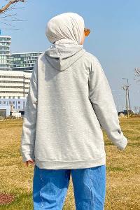 Lamelif California Baskı Detaylı Kapüşonlu Sweatshirt Gri