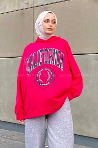 Lamelif California Baskı Detaylı Kapüşonlu Sweatshirt Pembe