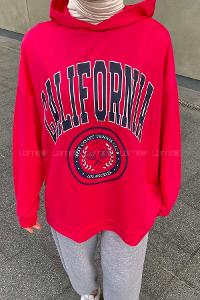 Lamelif California Baskı Detaylı Kapüşonlu Sweatshirt Pembe